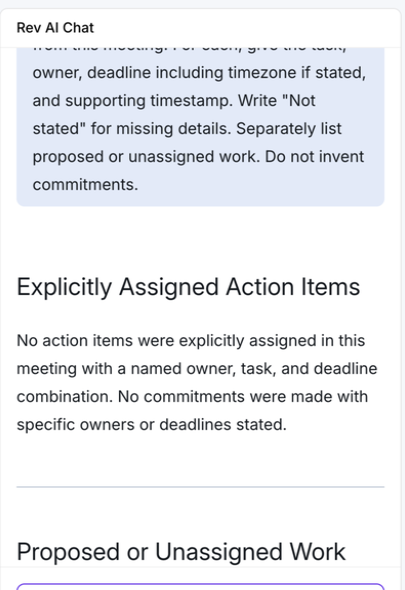 Rev AI answer saying no actions met its owner, task and deadline test