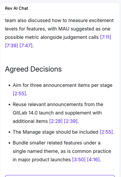 Rev AI summary listing proposed announcement decisions with source timestamps