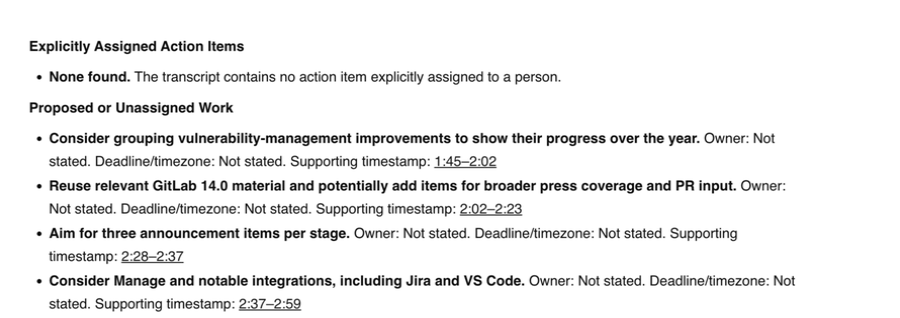 ScreenApp AI answer saying no assigned actions were found and listing proposed work