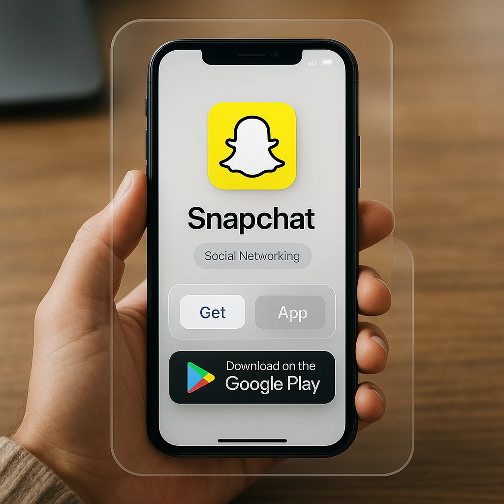 Modern akıllı telefon, indirme seçenekleri, cam şeklindeki UI öğeleri, temiz tasarım ile Snapchat arayüzünü görüntülüyor