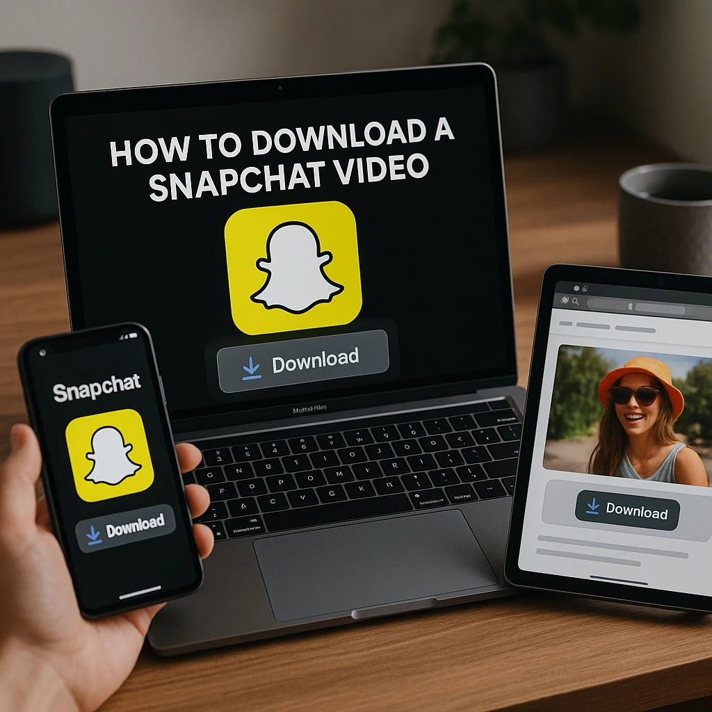 Profesyonel çalışma alanı, Snapchat video indirme işlemini gösteren birden fazla cihaz, modern estetik
