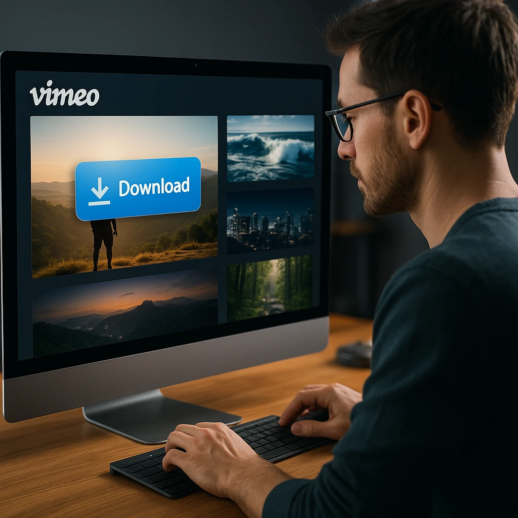 Professional video editor downloading high-quality Vimeo videos on desktop computer with multiple video files visible on screen