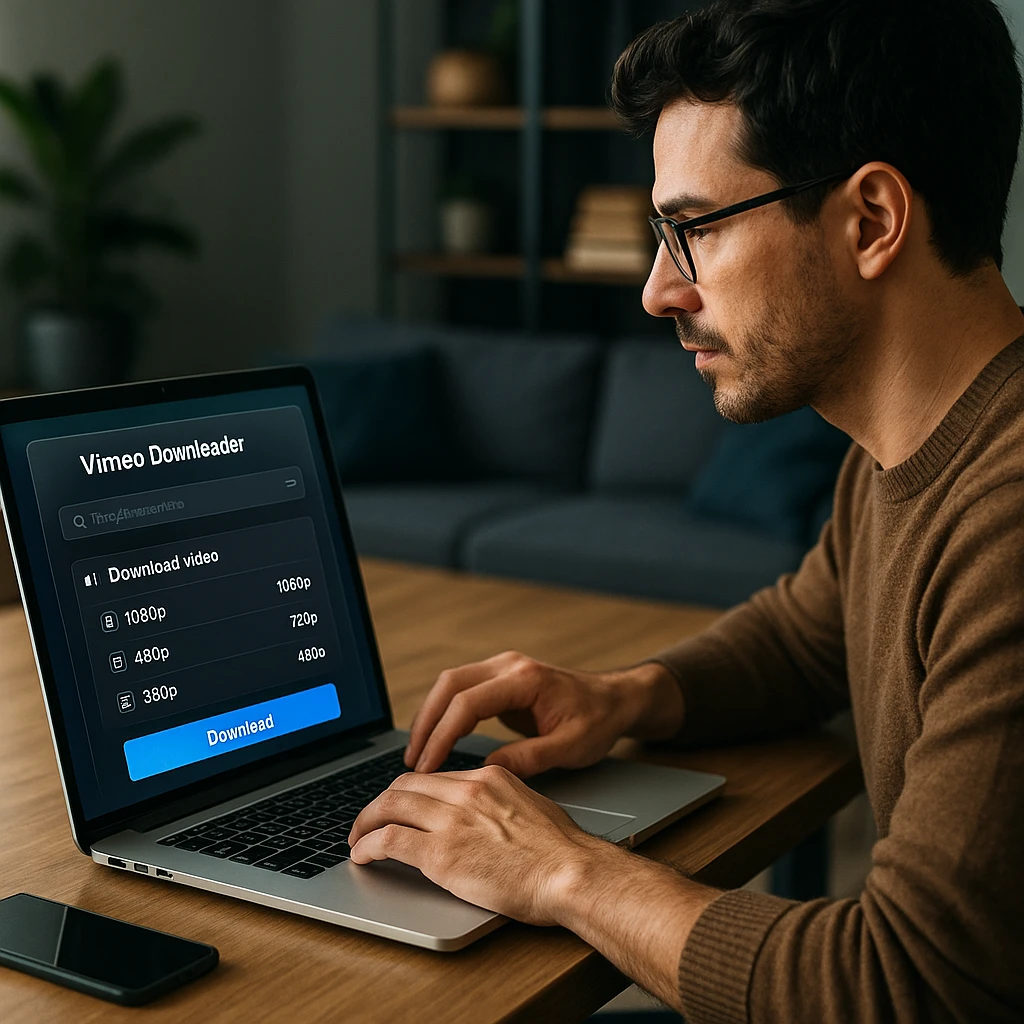 Creative professional comparing different Vimeo downloader tools on laptop with video quality options and download interface displayed