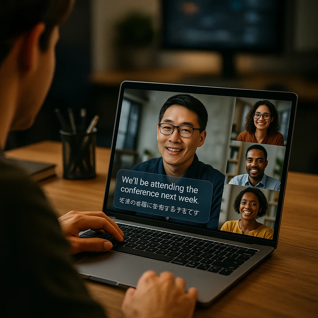 Person using laptop for video call with real-time translation overlay, diverse international team meeting