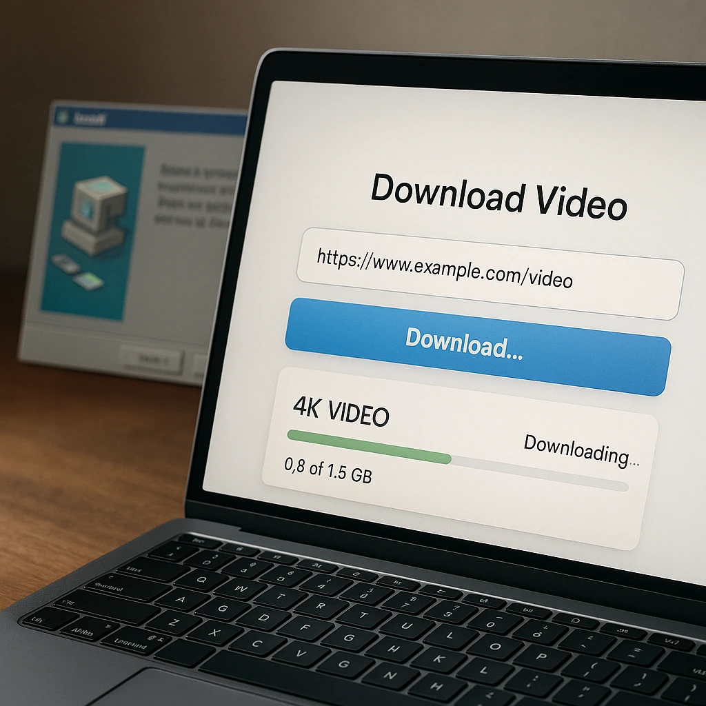 Laptopbrowser die een 4K-video downloadt via een geplakte link, terwijl een installatievenster voor desktop op de achtergrond wordt genegeerd