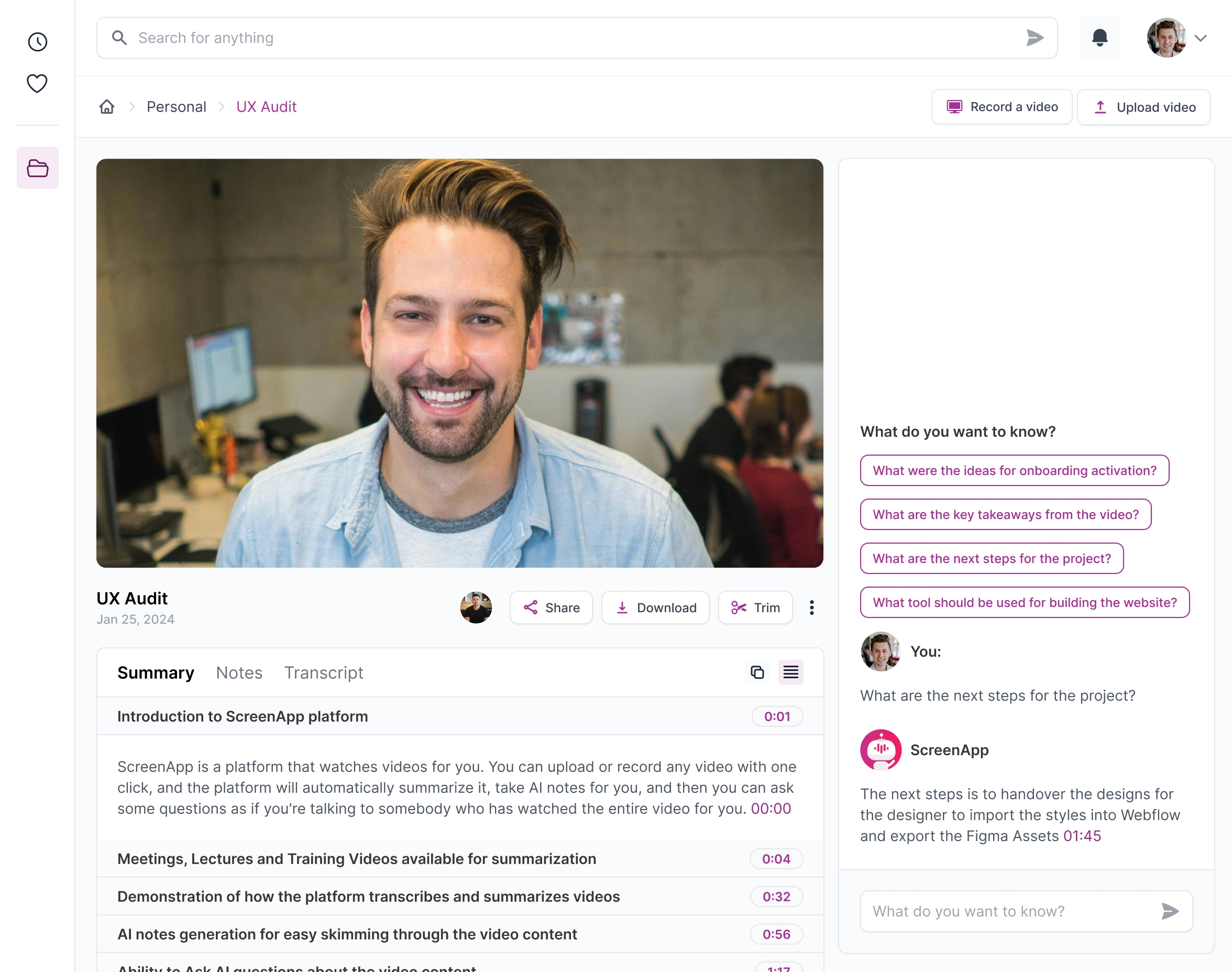 ScreenApp Yapay Zeka Not Alma Arayüzü