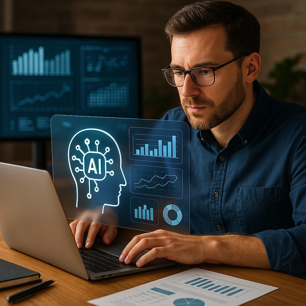 AI researcher analyzing data with advanced visualization tools