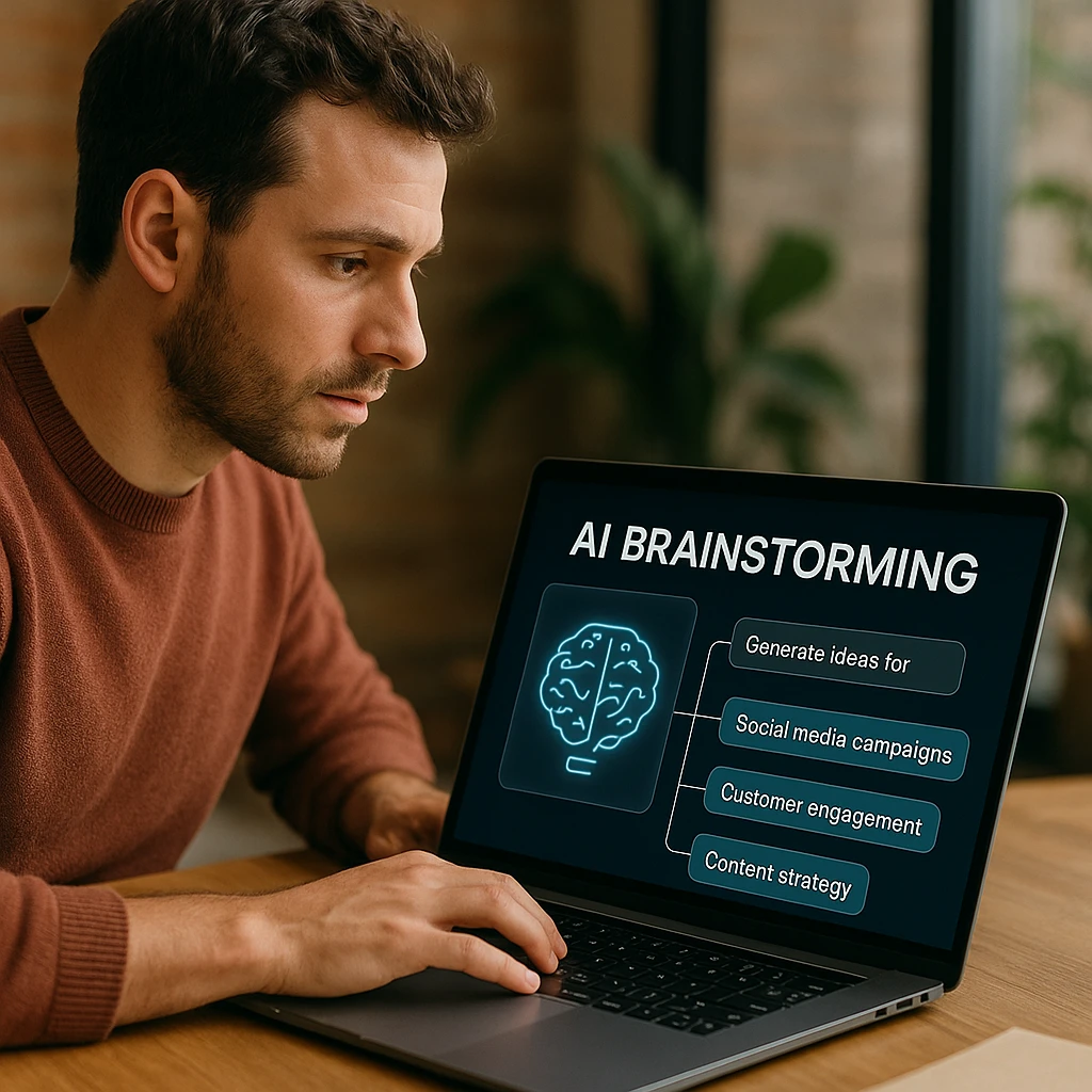 Professional team using AI-powered brainstorming tools with digital whiteboards, sticky notes, and intelligent idea organization