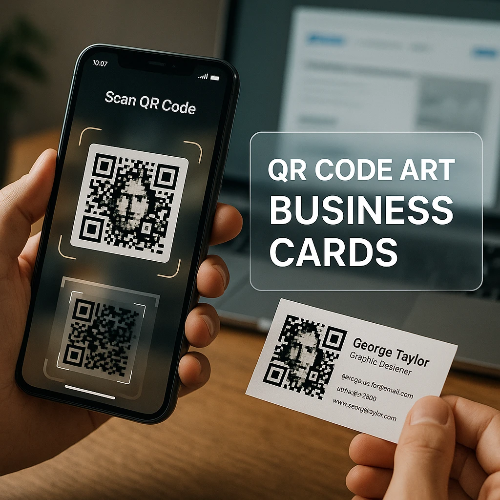 Modern workspace showing AI business card design interface with professional templates and design tools