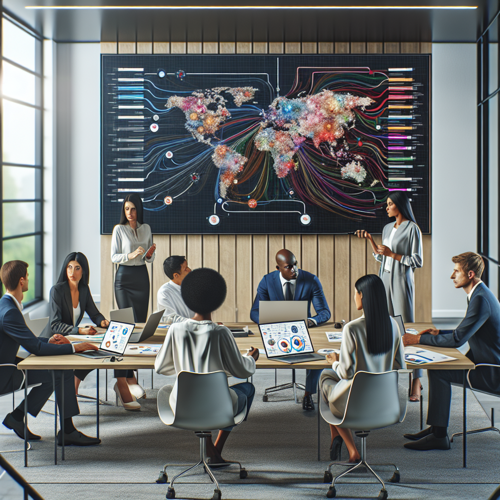Modern ofis ortamında yapay zeka araçlarını kullanarak iş zihin haritaları üzerinde işbirliği yapan profesyonel ekip