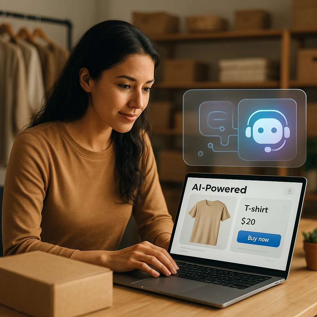 An AI-powered e-commerce dashboard on a tablet showing AI-driven insights like 'Predicted best-seller for next month' and 'Customer churn risk'.