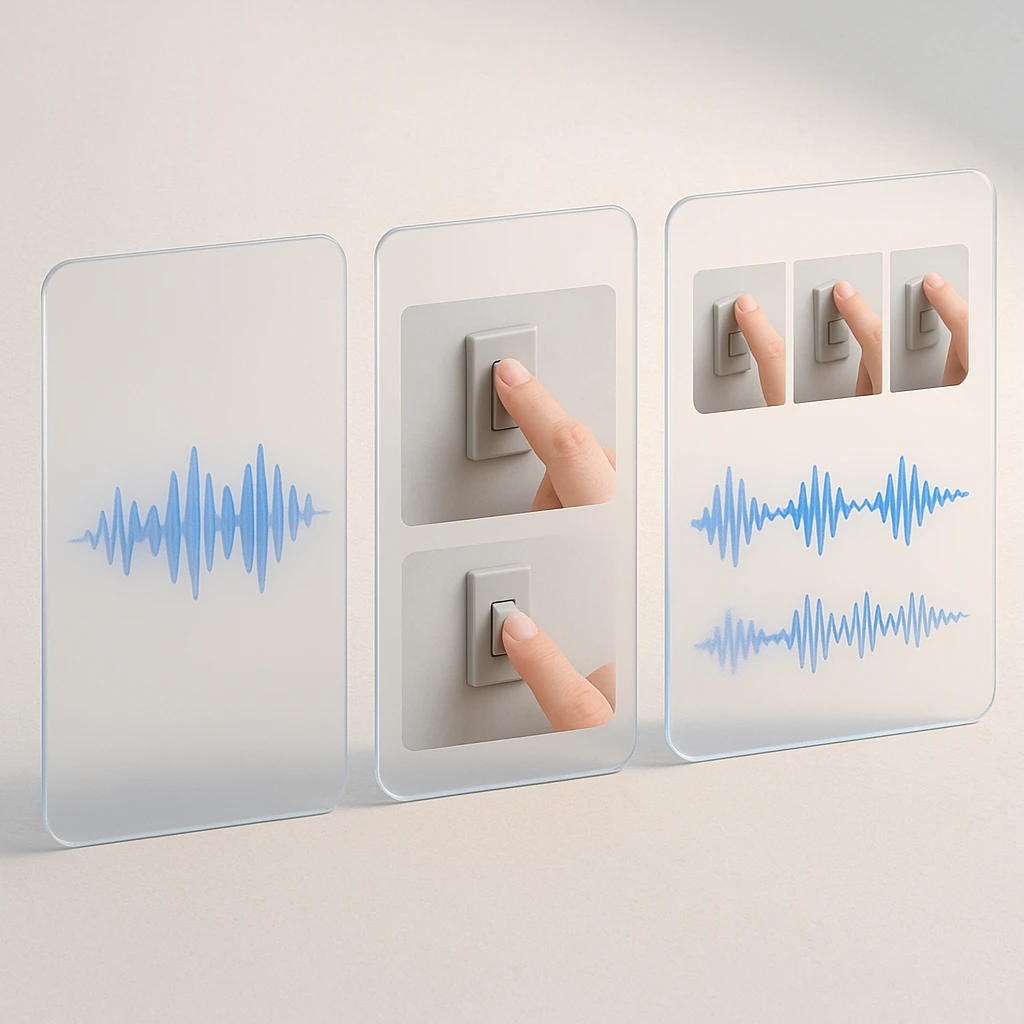Glass panels illustrating audio evidence, sampled video frames and combined frame-and-audio analysis