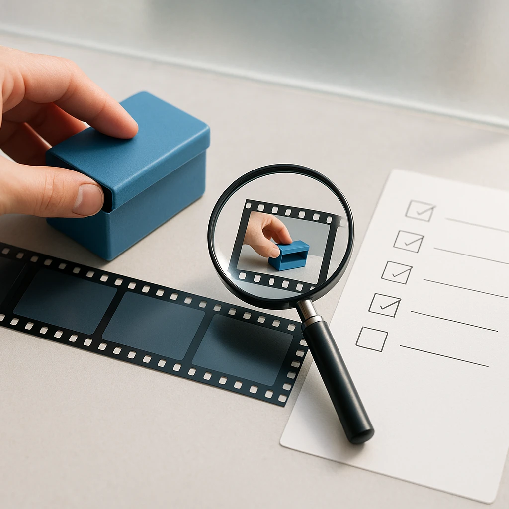 Magnifying glass over a video frame beside a checklist, illustrating verification before writing a procedure