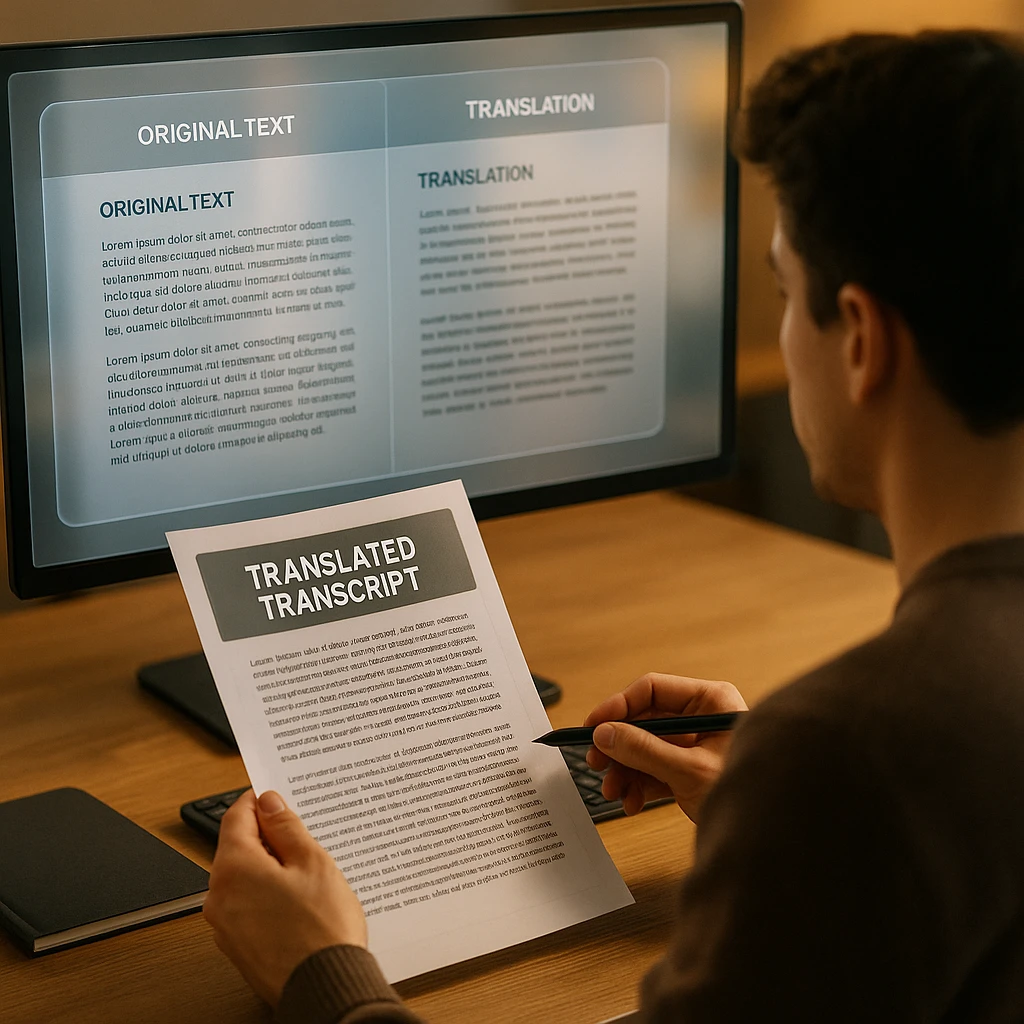 Reviewing a translated transcript beside the original before publishing