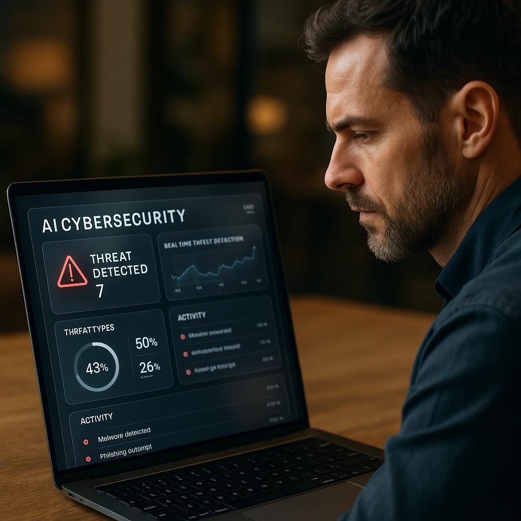 AI cybersecurity dashboard showing real-time threat detection and automated response systems with glassmorphic interface