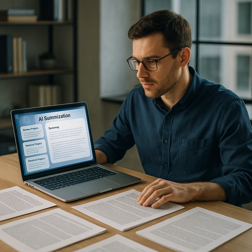 Academic researcher using AI summarization tools to analyze multiple research papers simultaneously