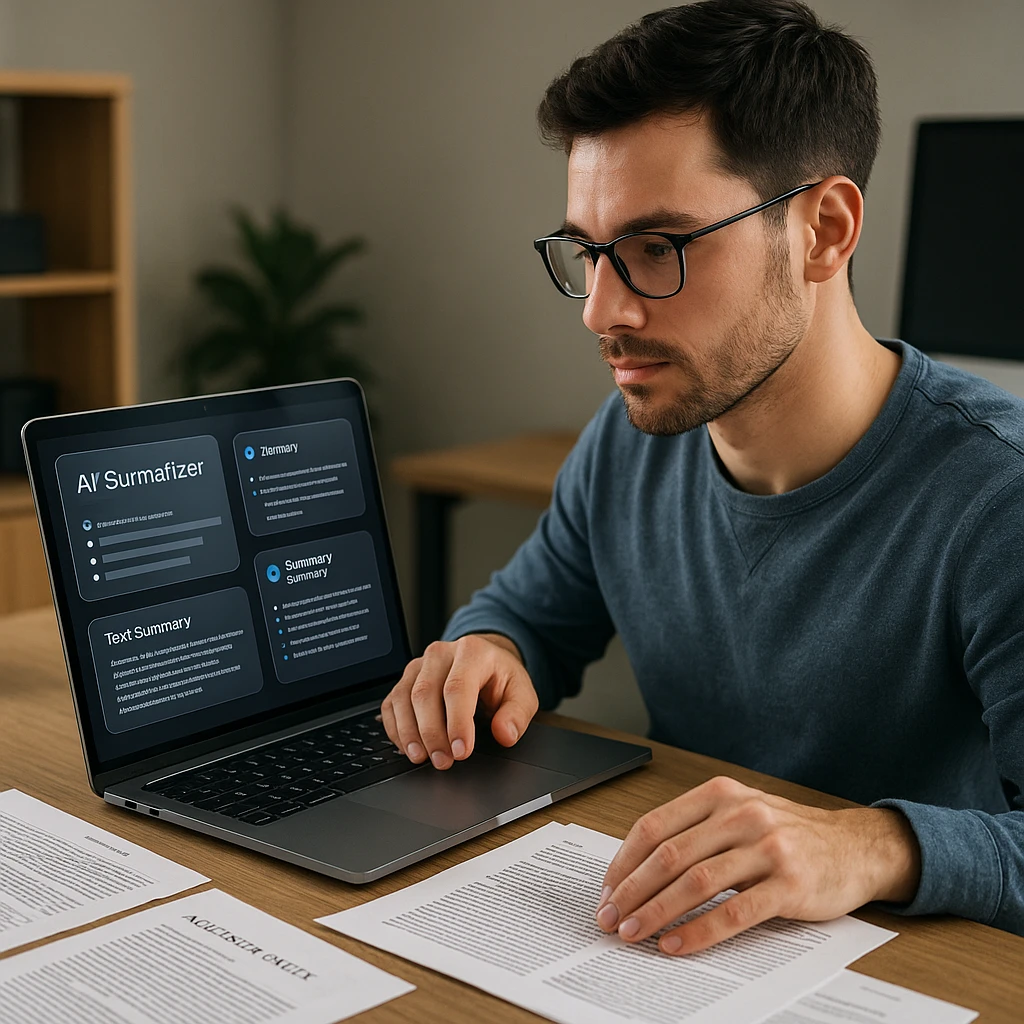 Moderne Fachkraft verwendet mehrere KI-Zusammenfassungstools auf einem Laptop mit Dokumenten und Forschungsarbeiten