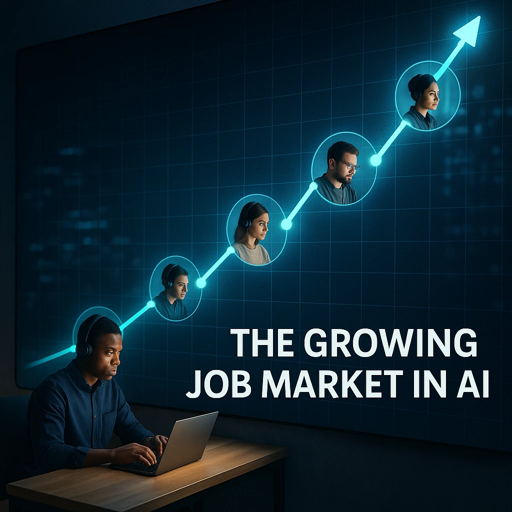 Растущий график акций со светящимися узлами, где каждый узел — это человек, работающий на футуристическом компьютере, символизирующий растущий рынок труда в области ИИ.