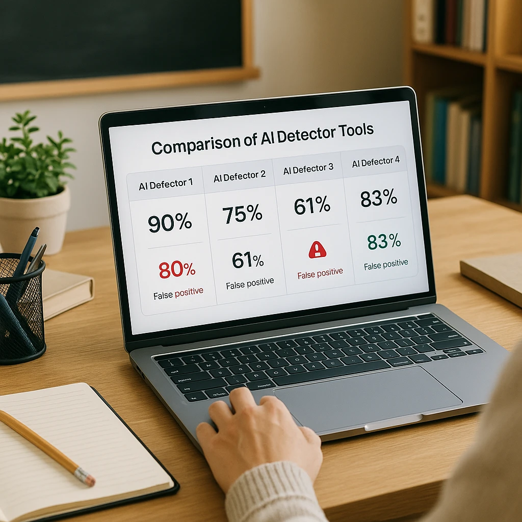Clean academic workspace with multiple AI detector tools comparison interface displaying detection scores and false positive warnings for educational assessment