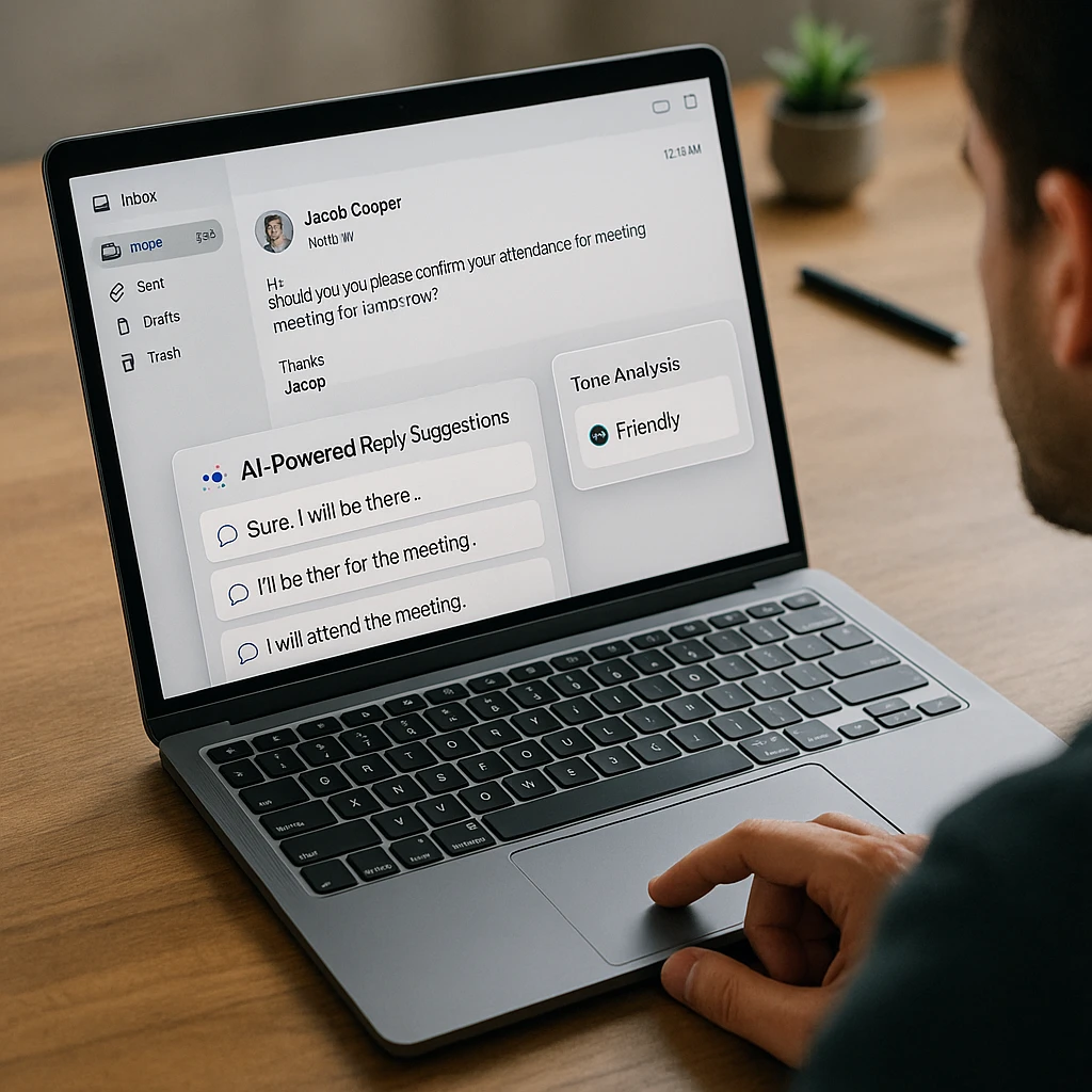 AI email writing interface showing composition tools, tone adjustment, and smart suggestions for professional email drafting