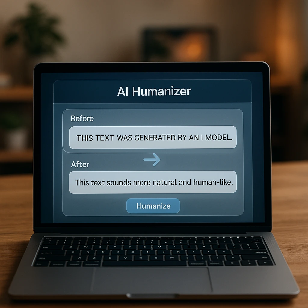 A modern interface showing an AI humanizer tool transforming robotic text into natural human writing, with before and after comparison