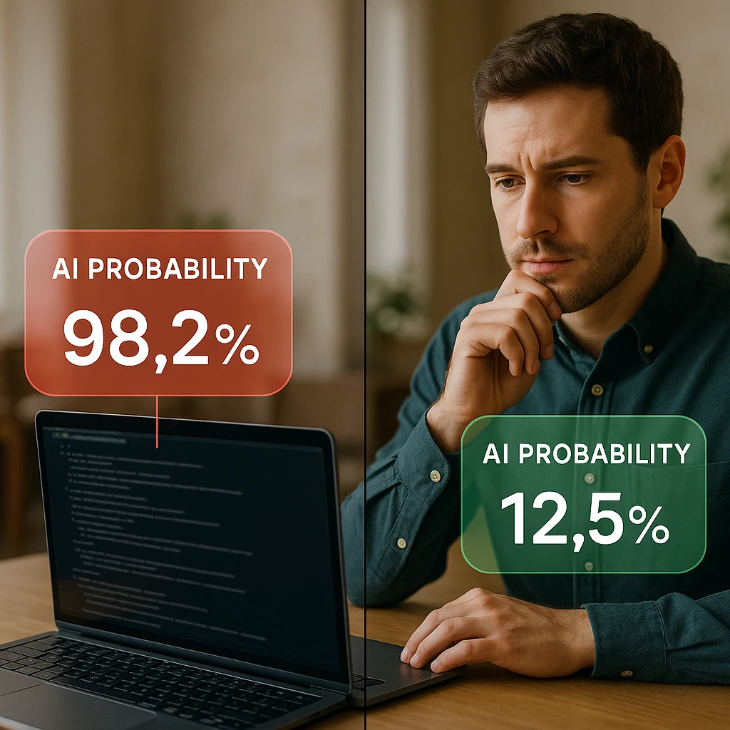 A split screen showing AI detection results, with one side showing high AI probability (red) and the other showing low AI probability (green) after humanization