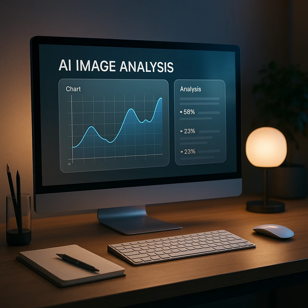 Modern workspace showing AI image analysis interface on computer screen with chart being analyzed