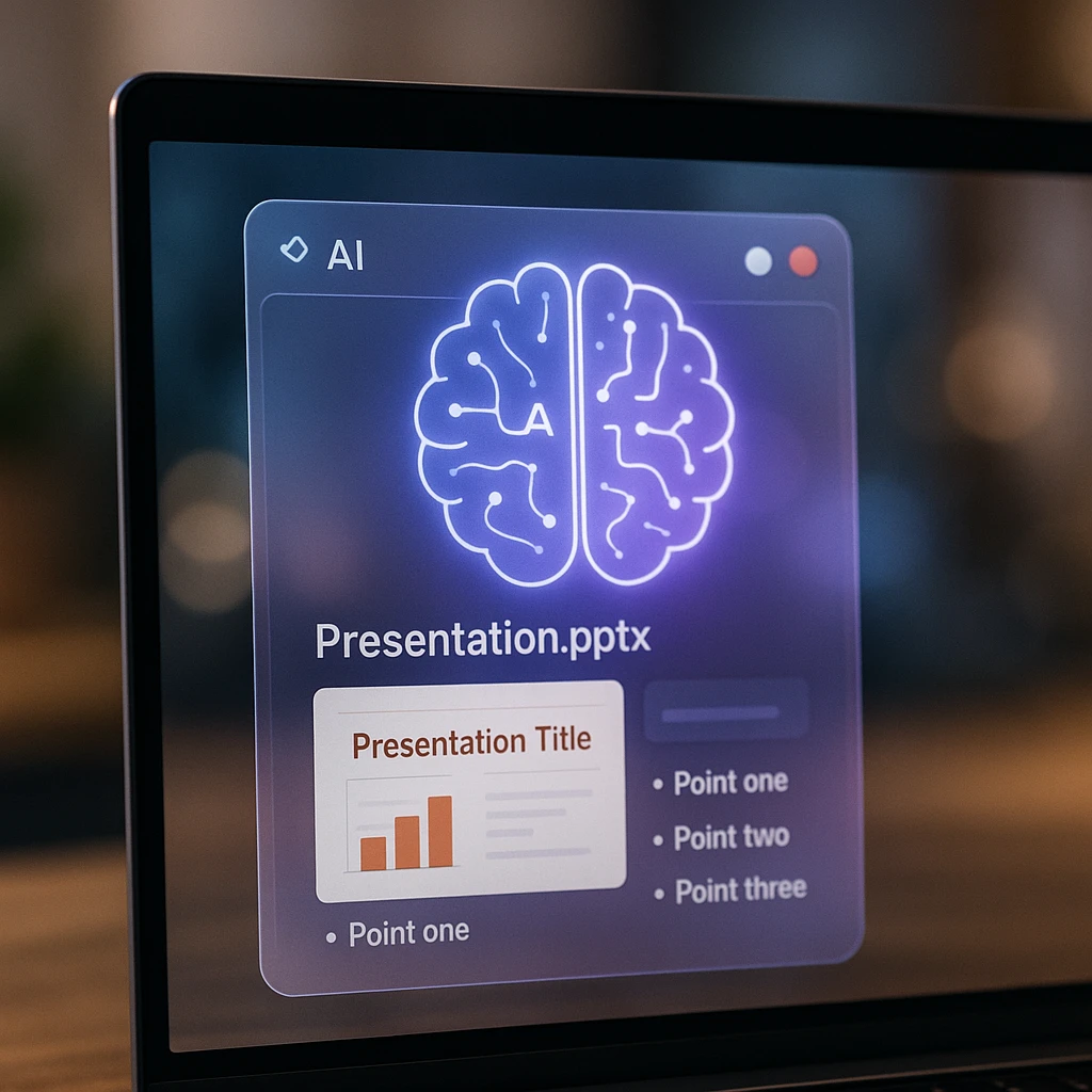 Modern AI interface showing PowerPoint presentation being analyzed with digital brain overlay, glassmorphic design with purple and blue gradients