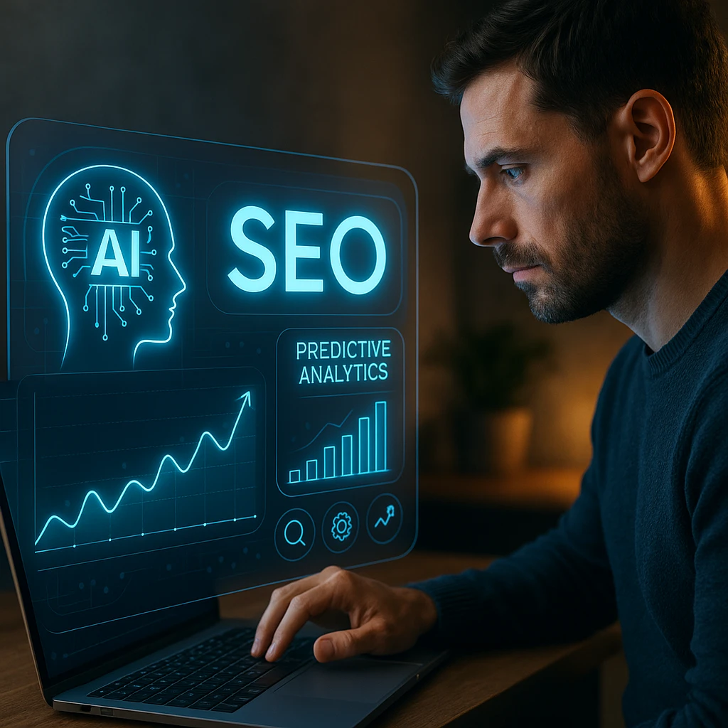 Modern SEO dashboard showing analytics graphs, keyword rankings, and AI optimization features on computer screen