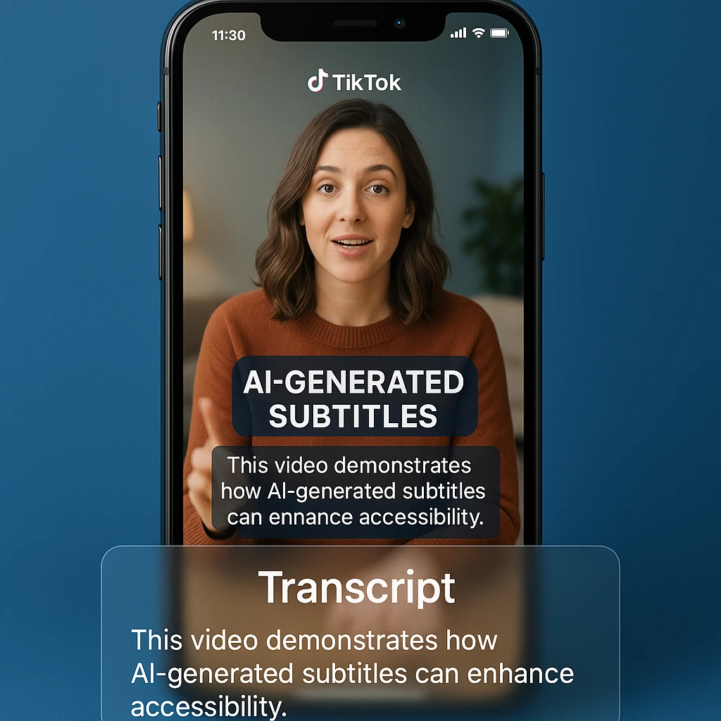 AI tarafından oluşturulan altyazılar ve video içeriğinin üzerinde transkript metni, temiz ve profesyonel tasarım ve mavi degrade arka plan ile modern bir akıllı telefon TikTok uygulaması arayüzünü görüntülüyor