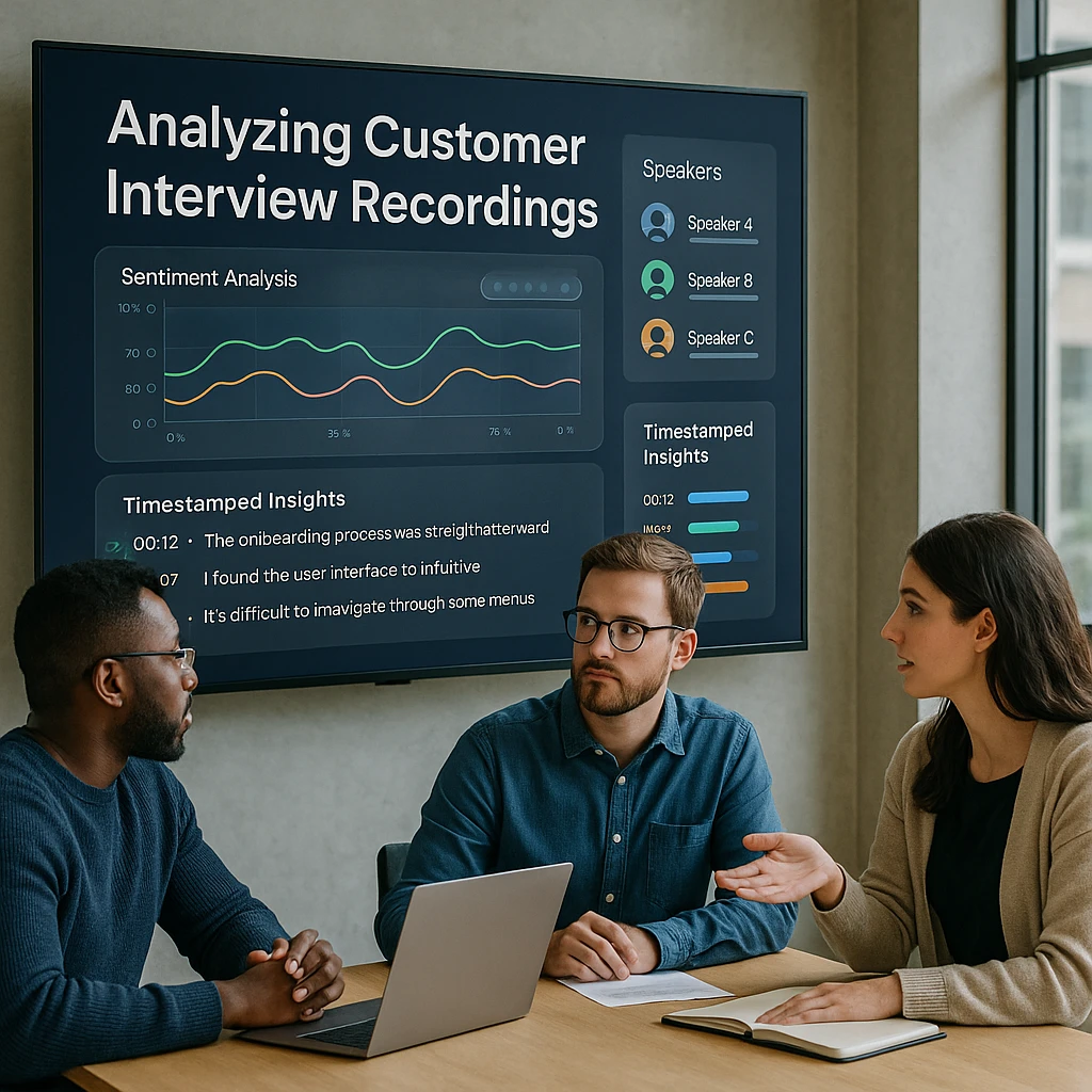 Research team analyzing customer interview recordings with AI-powered sentiment analysis and speaker identification