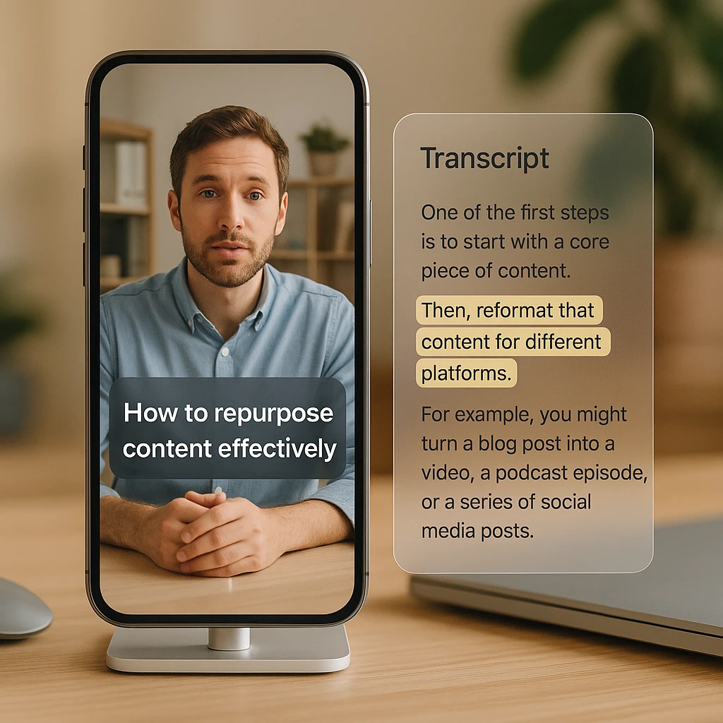 A vertical short-form clip with auto captions playing beside a transcript panel with highlighted moments