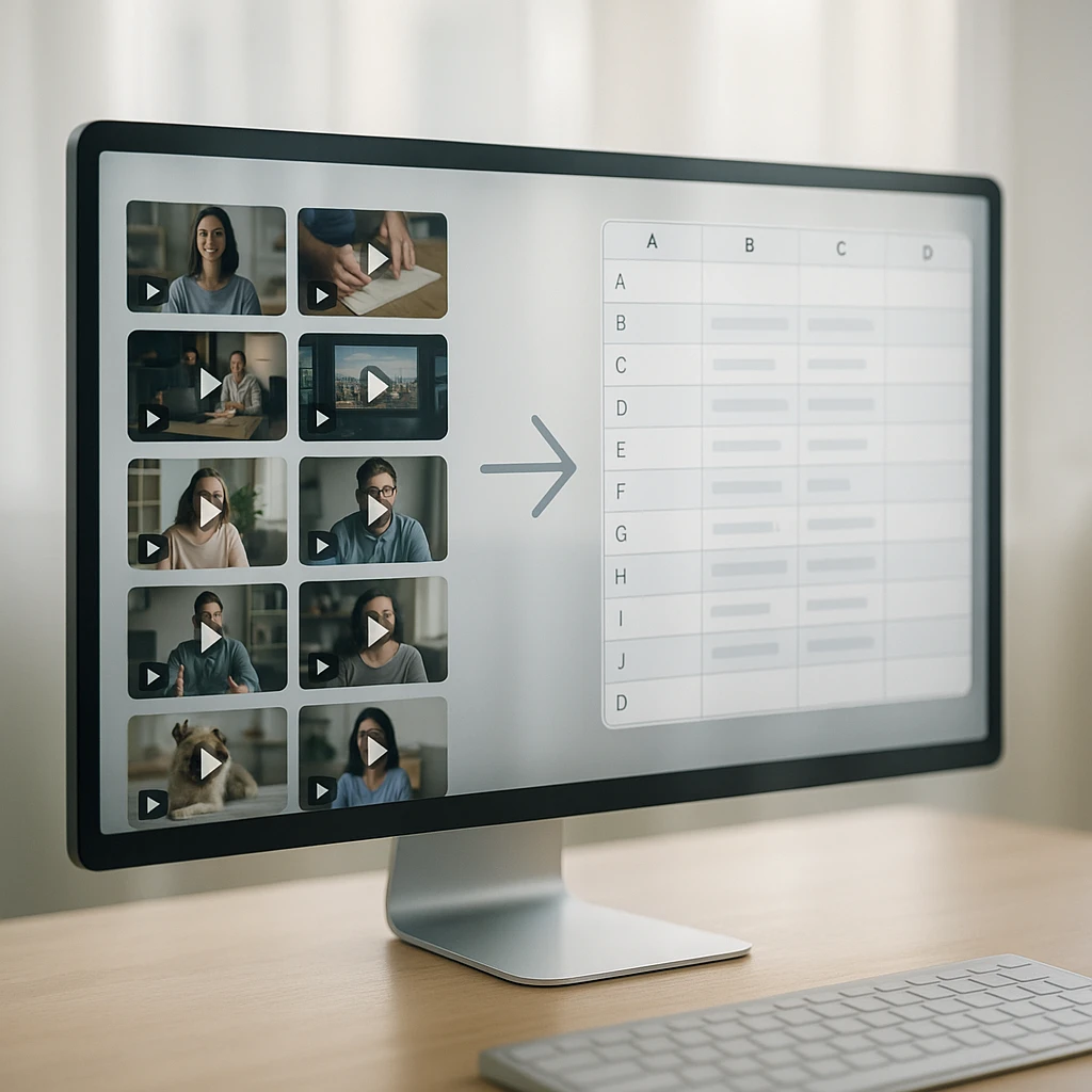 YouTube video data being scraped into structured rows for research