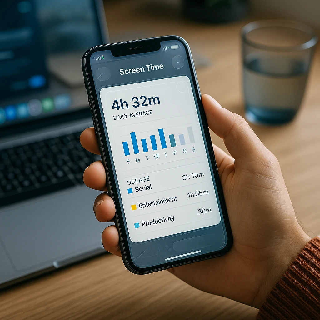 Person using phone with screen time tracking app showing usage statistics