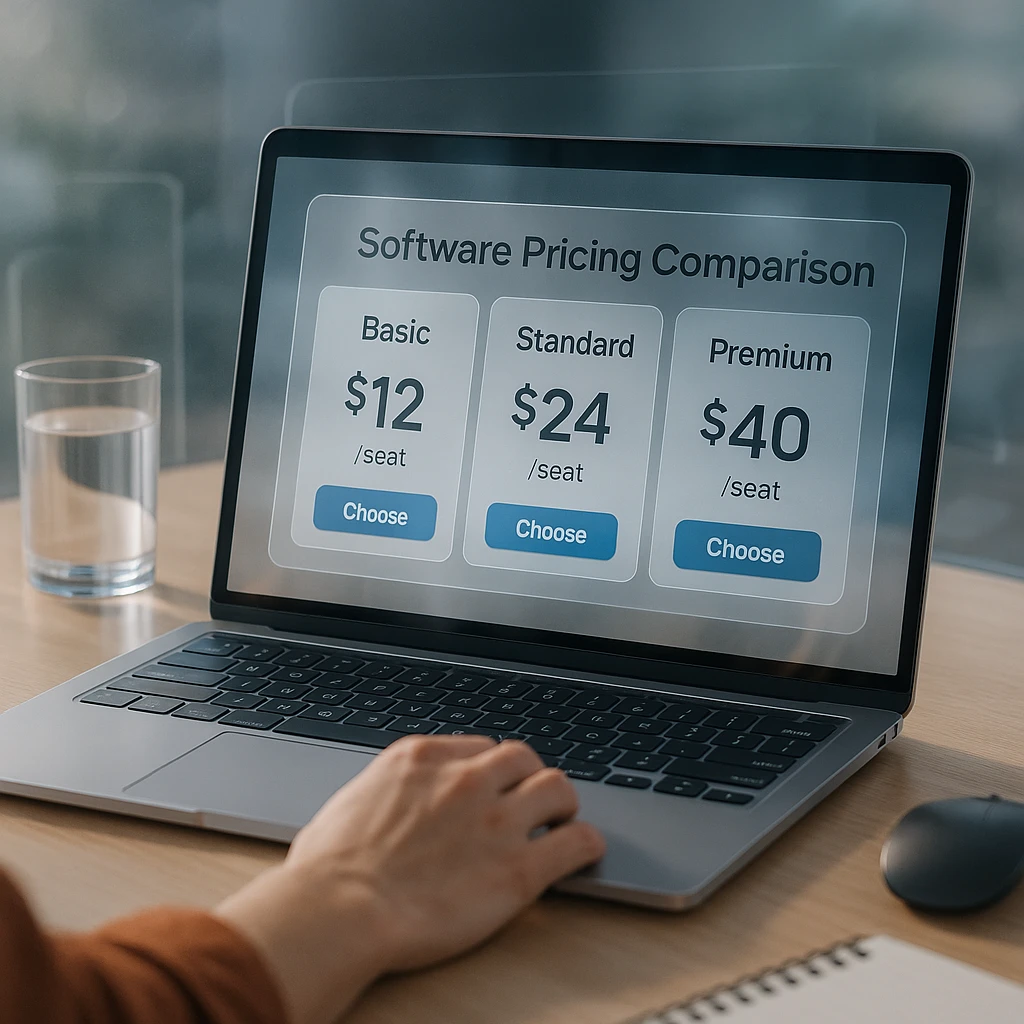 A software pricing comparison on a laptop screen showing tiered plans and per-seat costs