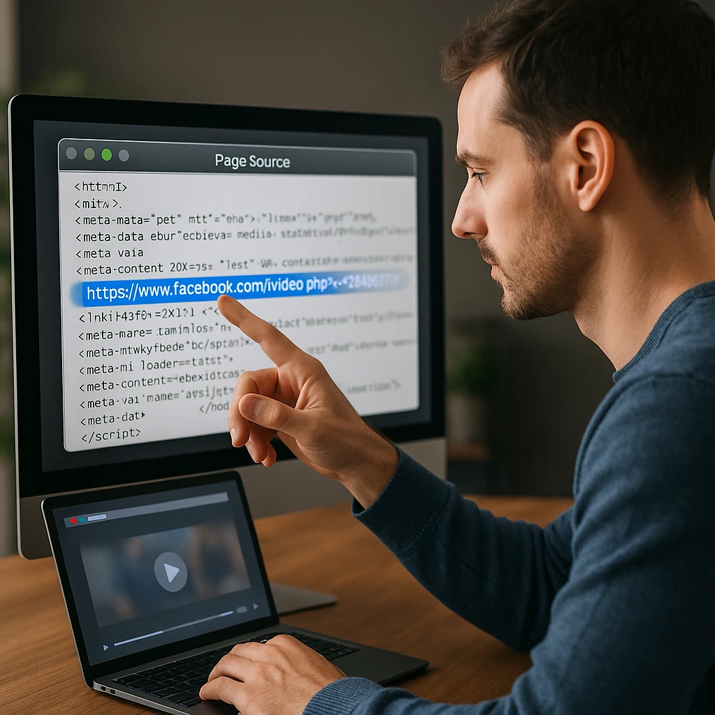 Professional showing the page source method on desktop browser with Facebook video URL highlighted in code