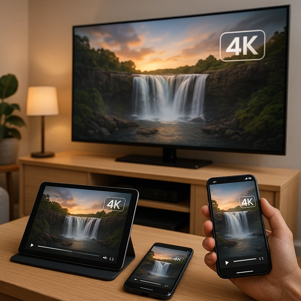Modern home theater setup with multiple devices showing 4K video playback on various platforms including mobile, tablet, and TV