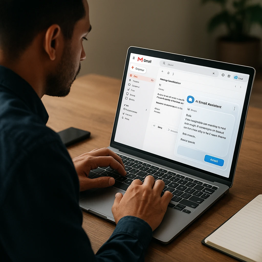 Professional using AI email assistant browser extension with Gmail interface