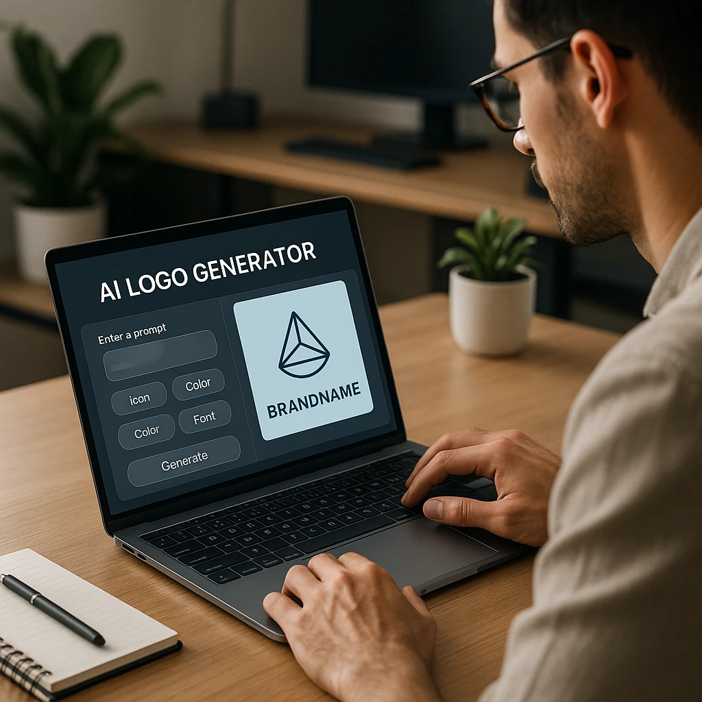 Modern, cam görünümlü yapay zeka logo oluşturucu arayüzü, canlı logolar ve temiz bir çalışma alanı