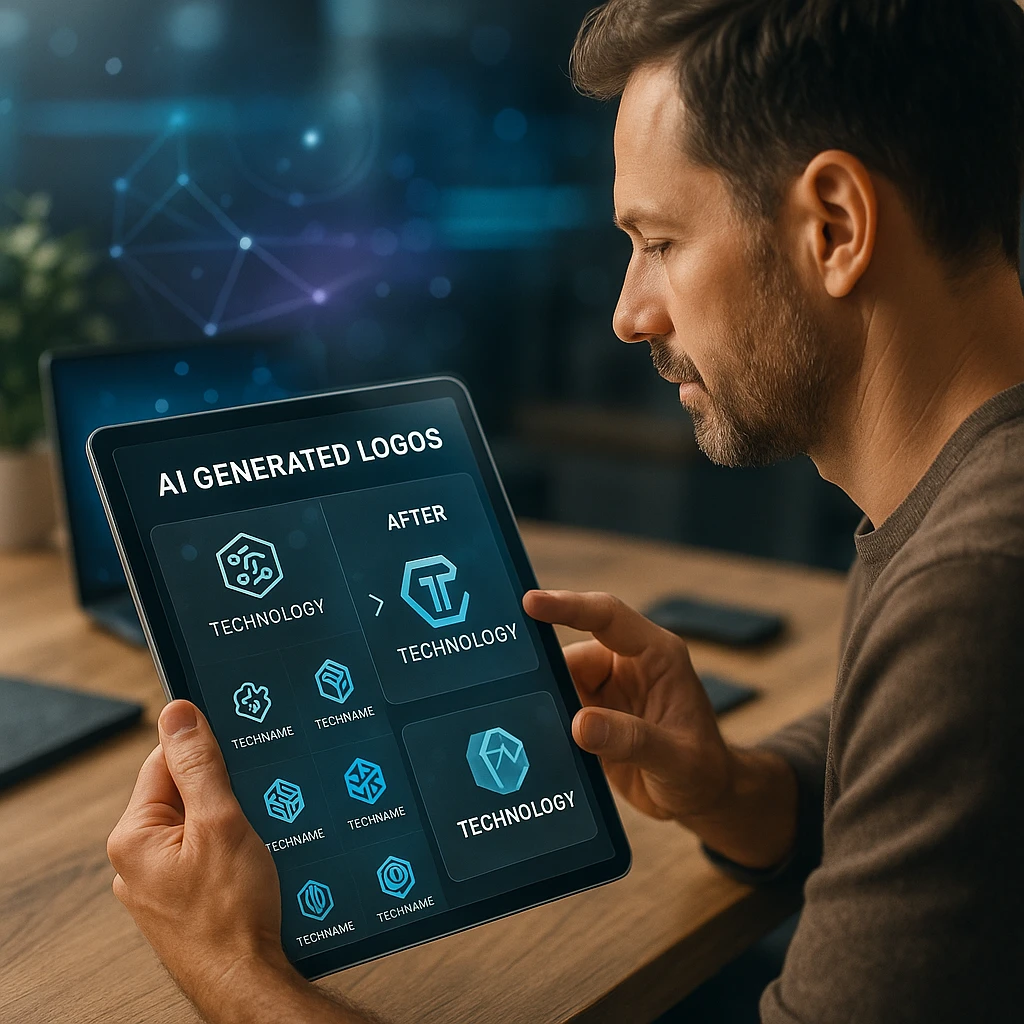 Fotogerçekçi çalışma alanı, yapay zeka logo oluşturucu sonuçları, cam görünümlü UI ve canlı logo önizlemeleri