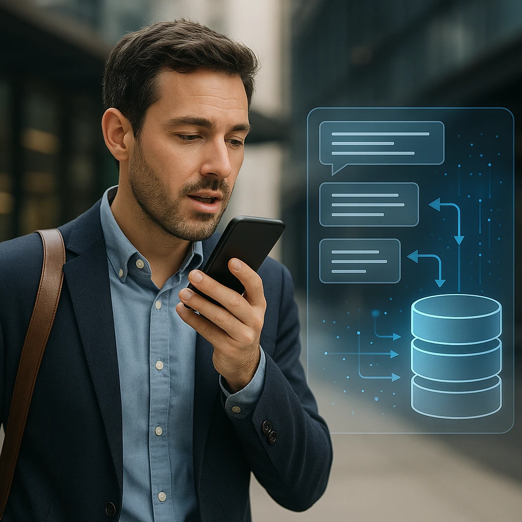 Een professional gebruikt een van de beste notitie-apps voor Android op zijn telefoon om een spraaknotitie op te nemen, met een AI-visualisatie.