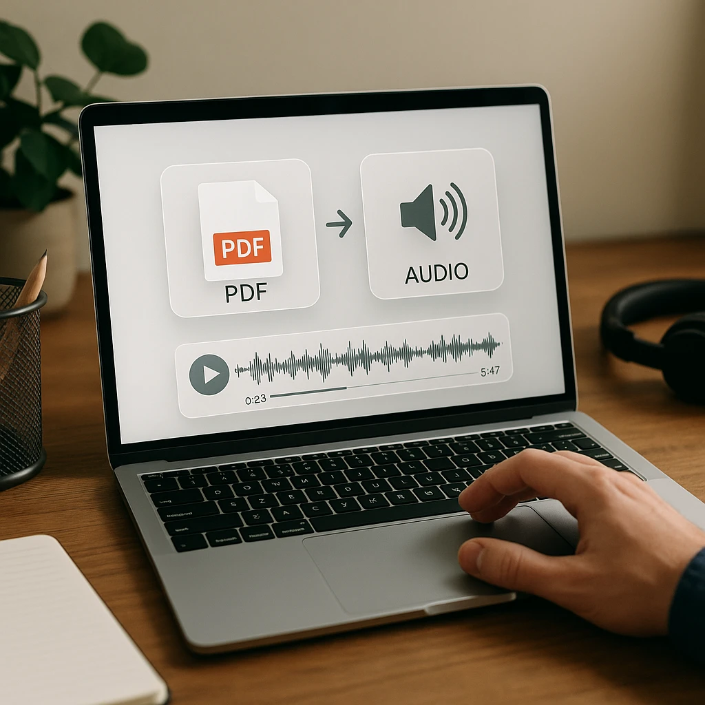 Clean desktop workspace showing PDF document conversion process with audio controls and modern glassmorphic UI elements