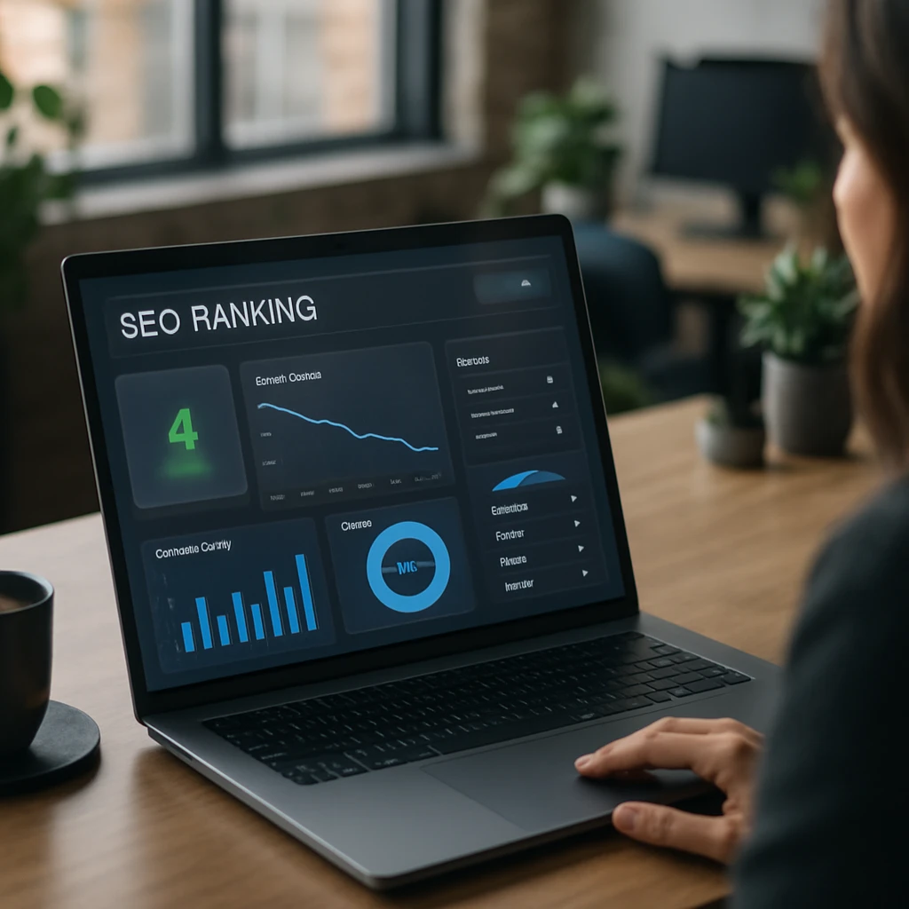 Modern dashboard showing SEO ranking data with charts and graphs in a professional office setting