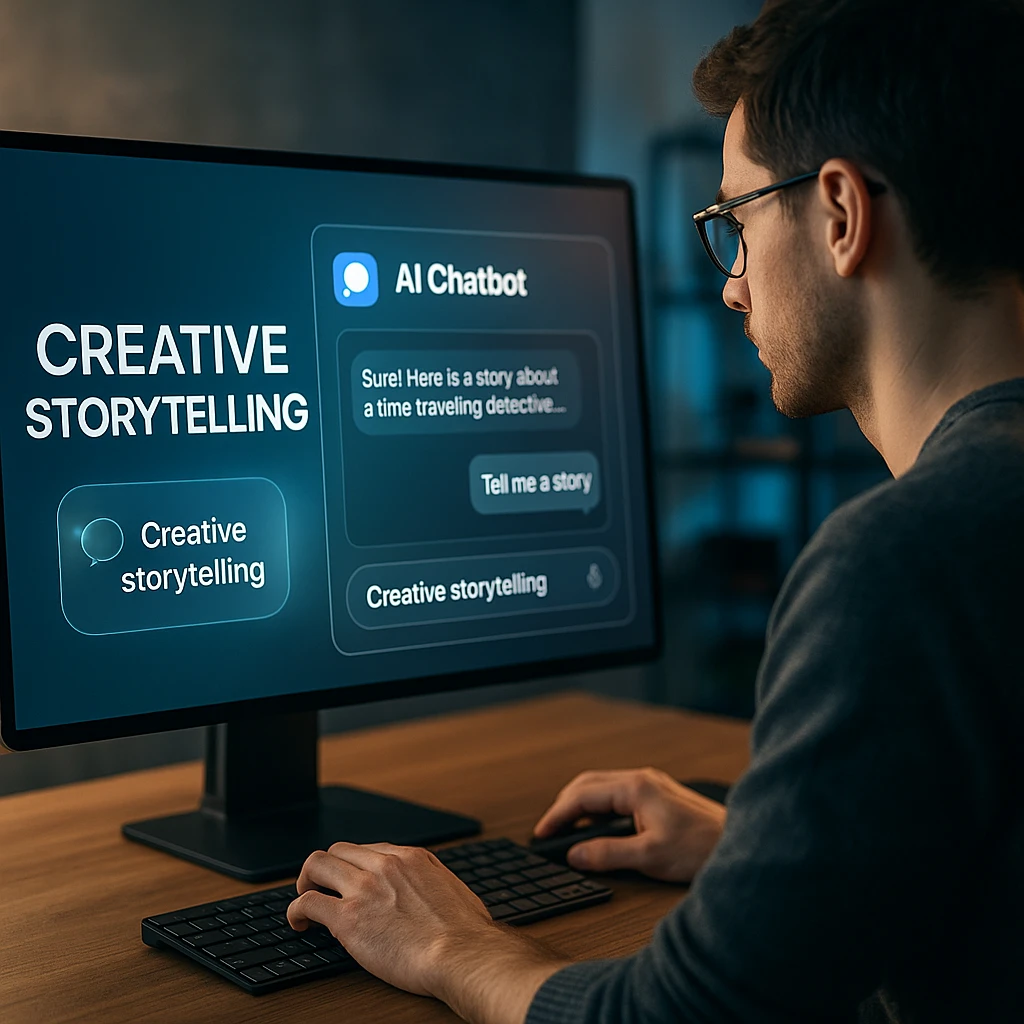 Persoon die creatieve verhalen vertelt met behulp van een AI-chatbotinterface op een computerscherm