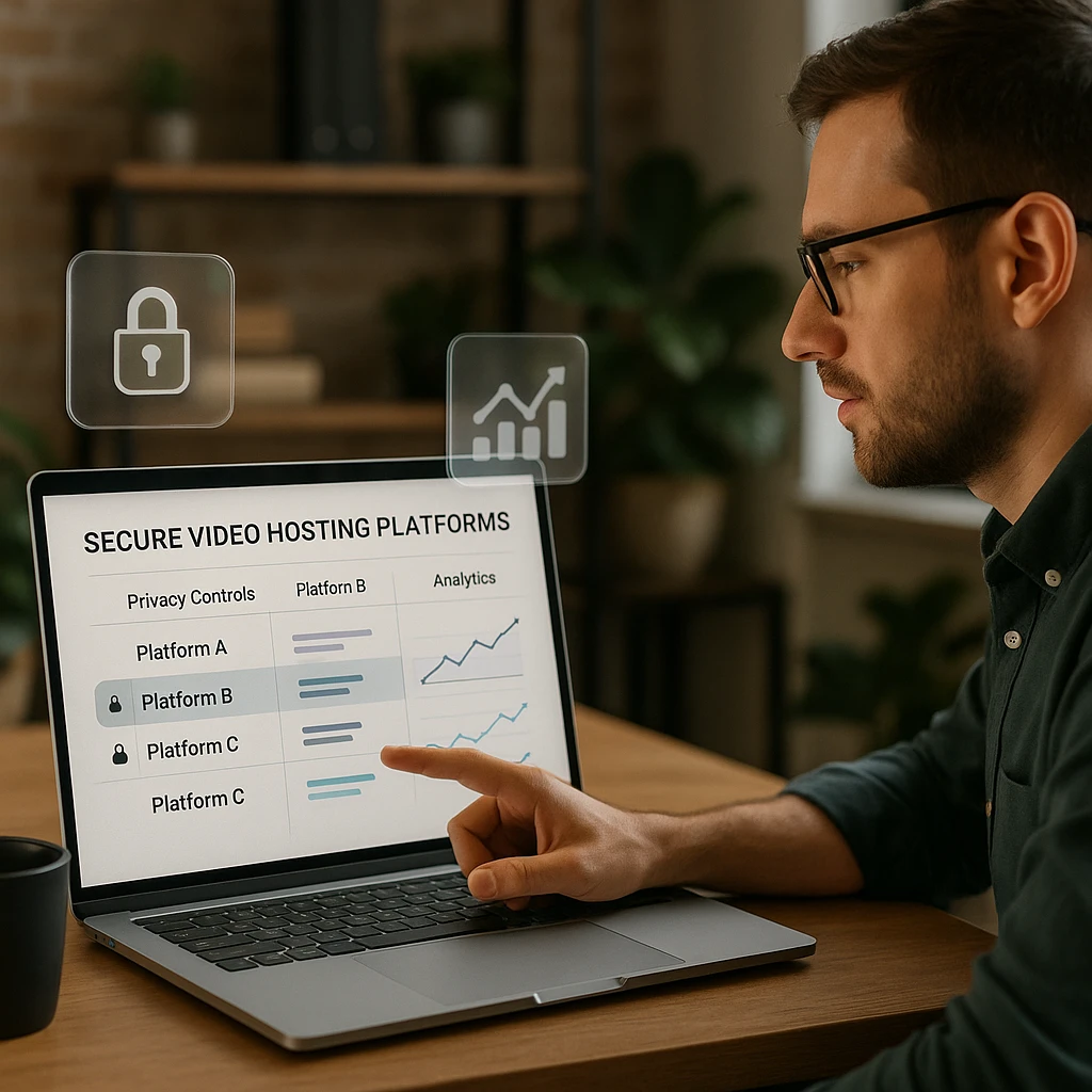 Secure video hosting platforms comparison dashboard with privacy controls and analytics
