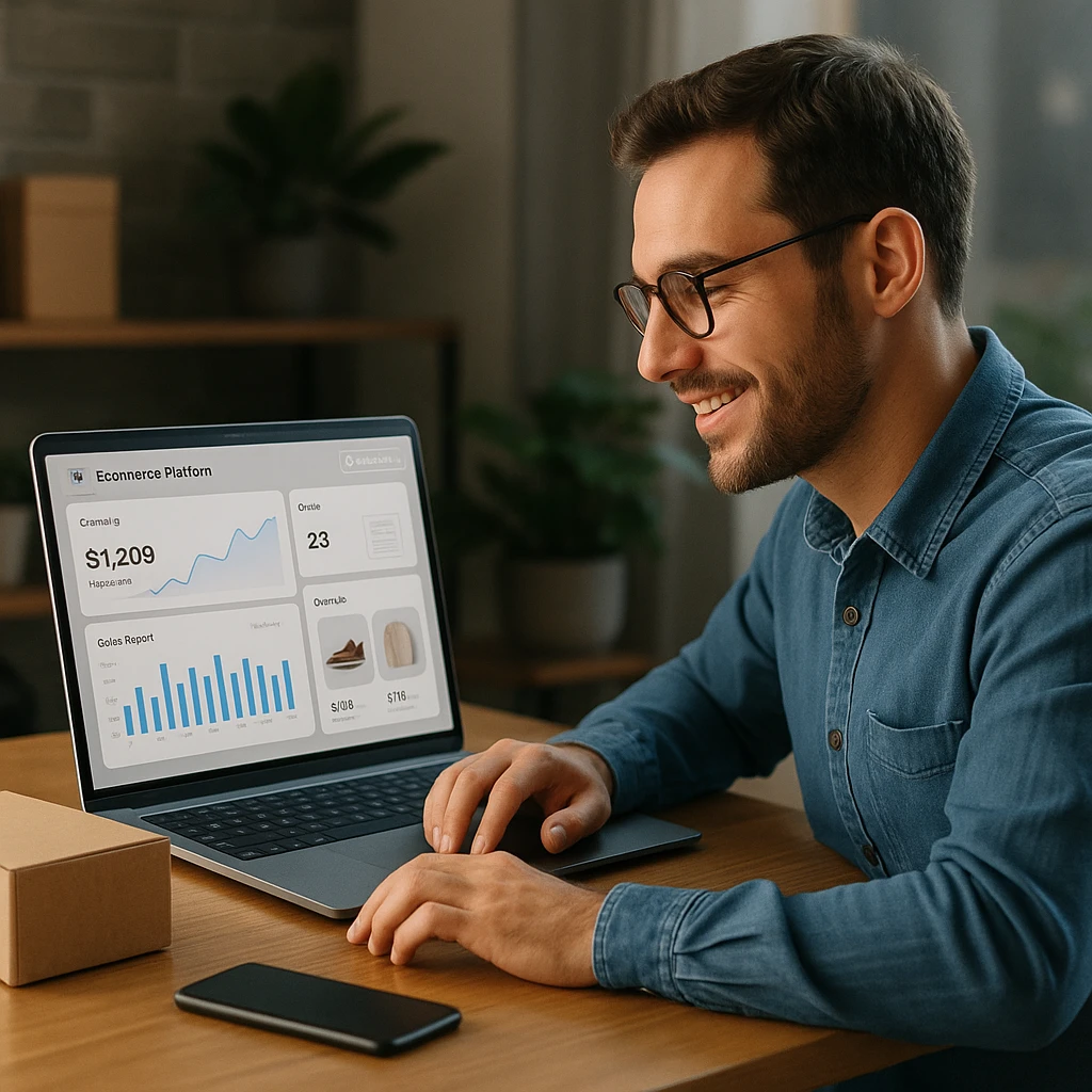 Profesional gestionando su tienda online a través de un panel de control de plataforma de comercio electrónico