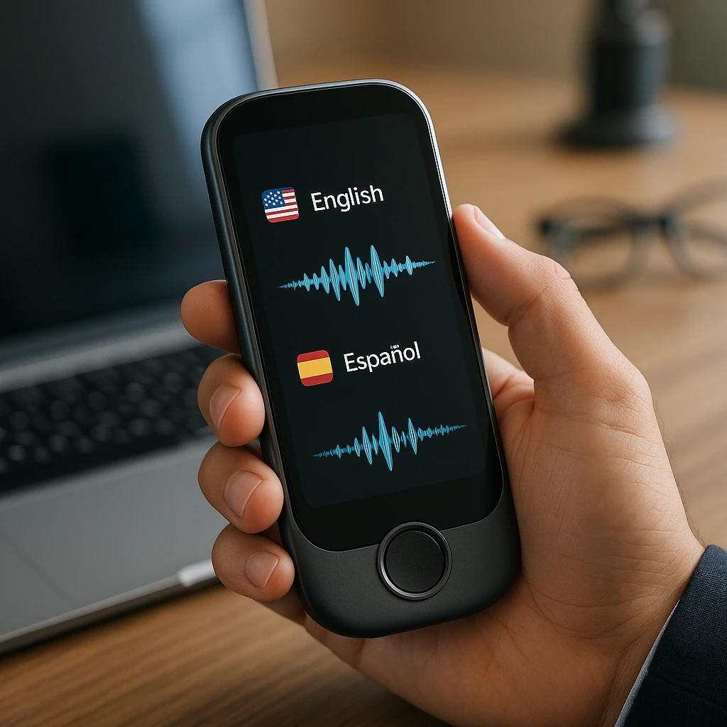 Modern translator device interface showing real-time voice translation with waveforms and multiple language flags in a professional setting