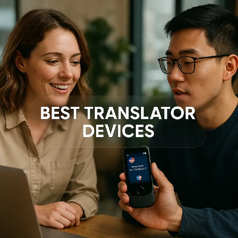 显示实时语音翻译（带有波形）和专业环境中的多种语言标志的现代翻译设备界面