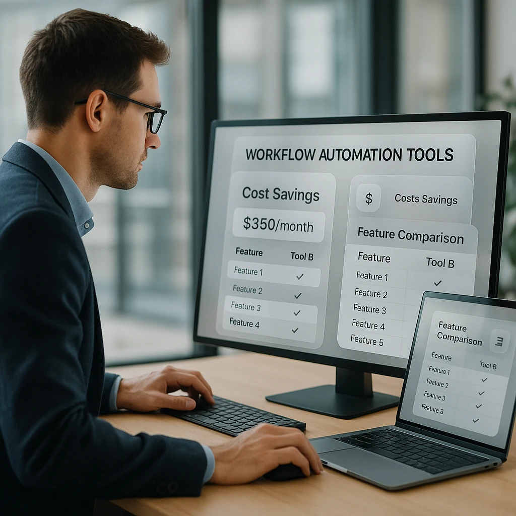Professional business person comparing workflow automation tools on multiple screens, showing cost savings and feature comparisons, modern office setting with glassmorphic UI elements