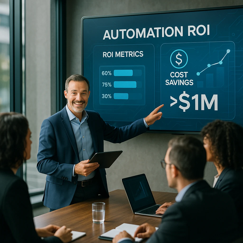 Executive presenting automation ROI metrics and cost savings to stakeholders, professional boardroom setting with data visualization